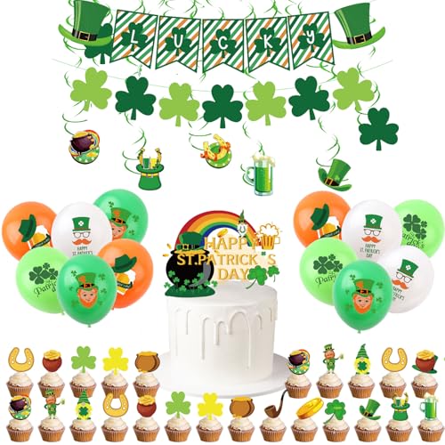 St. Patrick's Day Dekorationsset für irische Partyballons, Glückskleeblätter, Wimpelkette, Kuchendekoration, St. Patrick's Day hängende Wirbel für grüne Kleeblatt-Mottoparty-Zubehör, 44-teilig von ZSYIULIA