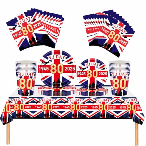 VJ Day 80th Anniversary Decorations Tableware Set - 2025 VJ Day Party Supplies with 20 Napkins, 16 Cups, 16pcs 17.8 cm and 22.9 cm Plates, 1pc Tablecloth for 80 Years Victory in Japan Party von ZSYIULIA