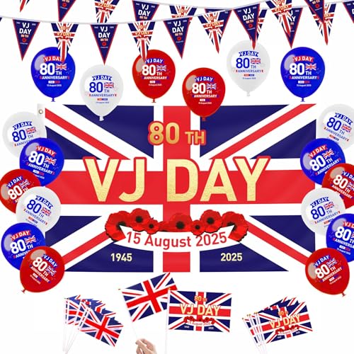 VJ Day 80th Anniversary Flaggendekorationsset – 150 x 90 cm große VJ Day Flagge mit 10 m Wimpelkette, 10 Stück kleine Flaggen und 18 Luftballons für 80 Jahre Sieg in Japan 1945–2025 Dekorationen von ZSYIULIA