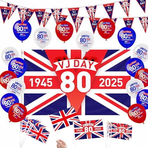 VJ Day 80th Anniversary Flaggendekorationsset – 150 x 90 cm große VJ Day Flagge mit 10 m Wimpelkette, 10 Stück kleine Flaggen und 18 Luftballons für 80 Jahre Sieg in Japan 1945–2025 Dekorationen von ZSYIULIA