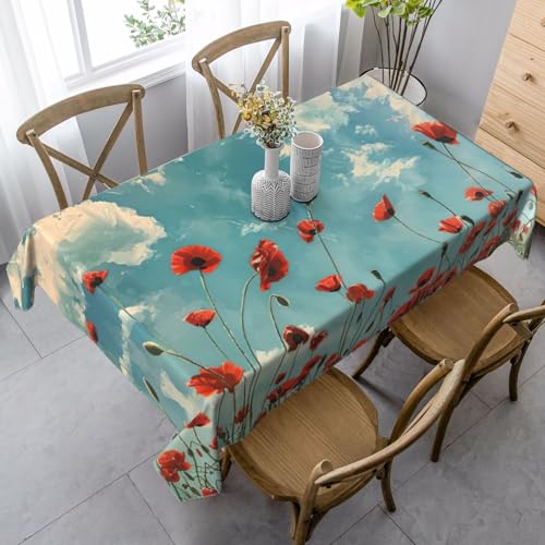 ZTPOWQA Tischdecke, Motiv: Mohnblumen auf blauem Himmel, rechteckig, wasserdicht, wiederverwendbar, für Esszimmerpartys von ZTPOWQA