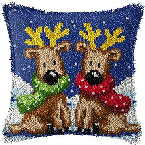 ZUHK Knüpfhaken-Set mit Weihnachtsmuster, bedruckte Leinwand, Häkelgeschenk, Kreuzstich, Sofakissenbezug, Werkzeug für Kinder und Erwachsene, 43 x 43 cm (Elch B) von ZUHK