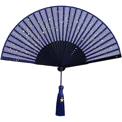ZUMAHA tragbar Blauer Sternenhimmel-Handfächer, chinesischer Fächer für Hanfu/Cheongsam-Zubehör, tragbarer japanischer Faltfächer mit Quaste Cool von ZUMAHA