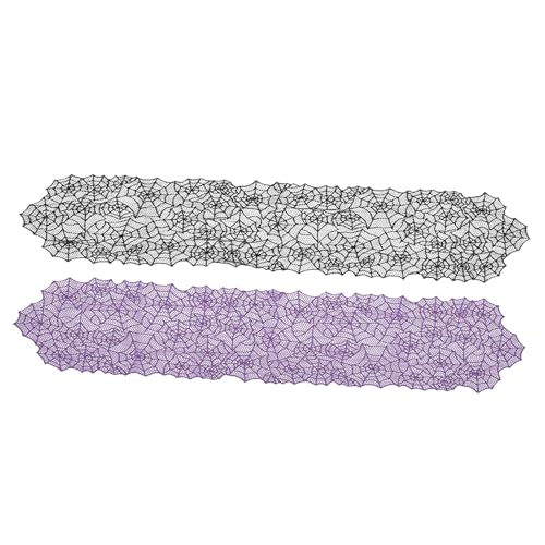 ZUNOXAZ 2 Stück Teiliges Halloween Tischfahnen aus Gestrickter Spitze mit Spinnennetzmuster Dekorative Party Tischdeko in Schwarz und Violett Knitterfrei Festliche Deko für Halloween und von ZUNOXAZ