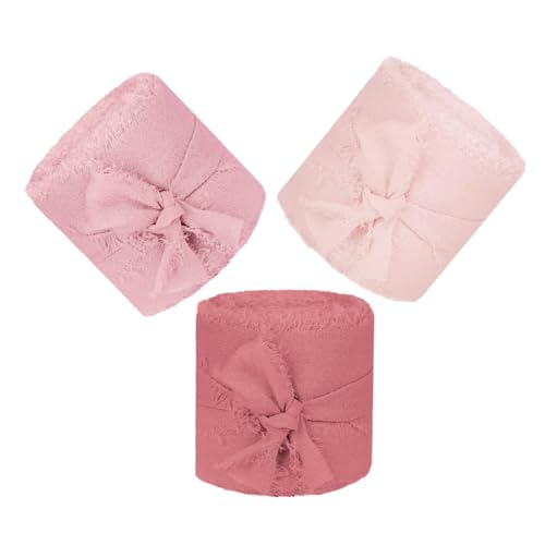ZUNOXAZ 3 Rollen Chiffonband mit Rohem Saum Breit Lang Rosa Fransenband für Brautstrauß Hochzeitseinladungen DIY Geschenkverpackung und Partydekoration von ZUNOXAZ
