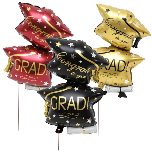 ZUNOXAZ 6 Stück Teiliges Abschlussballon Große Metallic Aluminiumfolie Luftballons in Gold Rot Schwarz Jumbo Cap Partydeko für Schulabschluss Fotohintergrund Langlebig und Sicher von ZUNOXAZ