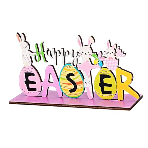 ZUNOXAZ Osterdekoration Holzschild Fröhliches Osterzeichen mit Hase für Tischmittelstück Rustikale und Moderne Frühlingsdeko für Langlebig und Selbstständig Aufstellbar von ZUNOXAZ