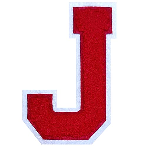 Chenille-Buchstaben-Patches zum Aufbügeln, Personalisierte Geschenke Aufbügler, 6,3 cm, Chenille-Stich, Varsity Buchstabenaufnäher für Kleidung (rot/weiß 5,4 cm, J), 2 Stück von ZUNTENG