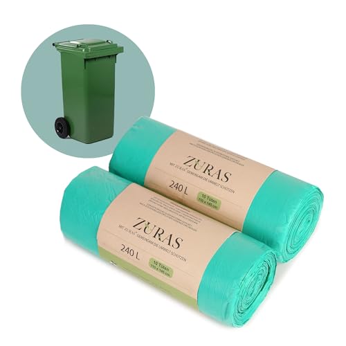 ZURAS 240 Liter Biomüllbeutel 20 Stk. kompostfähige, biologisch abbaubare Müllbeutel auf pflanzlicher Basis, DIN EN 13432 zertifiziert und geprüft, reißfest und wasserdicht von ZURAS