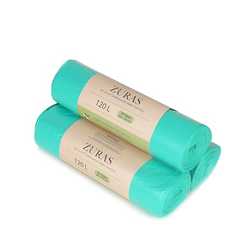 ZURAS® 120/140 Liter 88x130 cm Biomüllbeutel 30 Stk. kompostfähige, biologisch abbaubare Müllbeutel auf pflanzlicher Basis, DIN EN 13432 zertifiziert und geprüft, reißfest und wasserdicht von ZURAS