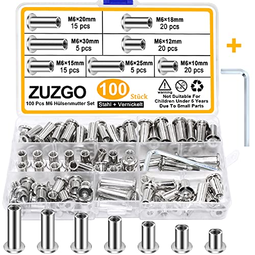 ZUZGO Hülsenmutter M6 M8 Innensechskant Buchschrauben Hülsenmuttern Stahl Vernickelt(100 Stück) von ZUZGO