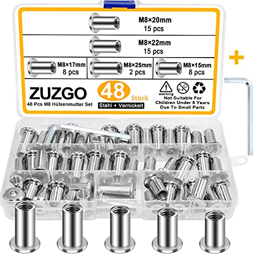 ZUZGO Hülsenmutter M6 M8 Innensechskant Buchschrauben Hülsenmuttern Stahl Vernickelt(48 Stück) von ZUZGO