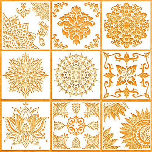 ZUZGO Schablone Mandala Groß 30cm x 30cm Wandschablone Wiederverwendbare Wandgestaltung Dotting Set für Malen Holz Stein Stoffen Metall Möbeln (9 Stück)  von ZUZGO