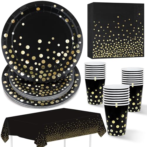 ZVK Schwarz Gold Partygeschirr 97 Stück Pappteller, Servietten, Pappbecher, Tischdecken, Goldfolie Gepunket Partyteller Set zum Abschlussfeier, Jubiläums, Brautparty, Einweihungsfeier, Taufe ZVK Schwarz Gold Partygeschirr 97 Stück Pappteller, Servietten, Pappbecher, Tischdecken, Goldfolie Gepunket Partyteller Set zum Abschlussfeier, Jubiläums, Brautparty, Einweihungsfeier, Taufe von ZVK