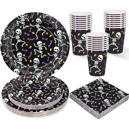 Skelett Pappteller, Servietten, Partybecher Schwarz Halloween-Party 96 Stück Partygeschirr Set Tischdekoration, Geschirrdekoration Skelett Pappteller, Servietten, Partybecher Schwarz Halloween-Party 96 Stück Partygeschirr Set Tischdekoration, Geschirrdekoration von ZVK
