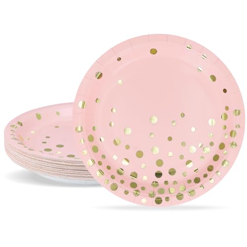 ZVK Pappteller Set Rosa Gold 18cm Dessertteller Set 24 Stück Papierteller Partygeschirr Set für Babyparty, Geschlechtsenthüllungsfeier, Valentinstag von ZVK