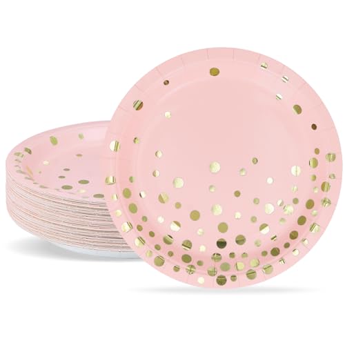 ZVK Pappteller Set Rosa Gold 23cm Dessertteller Set 50 Stück Papierteller Partygeschirr Set für Brautparty, Hochzeit, Abschluss, Ritus des Übergangs von ZVK