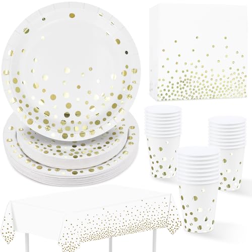 ZVK Partygeschirr Weiß Gold 97 Stück Pappteller, Servietten, Pappbecher, Tischdecke, Partyteller Set für Abschlussfeier, Jubiläums, Hochzeit, Cocktailparty, Neujahr von ZVK