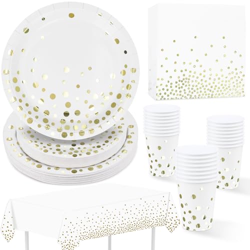 Partygeschirr Weiß Gold 97 Stück Pappteller, Servietten, Pappbecher, Tischdecke, Partyteller Set für Abschlussfeier, Jubiläums, Hochzeit, Cocktailparty, Neujahr von ZVK