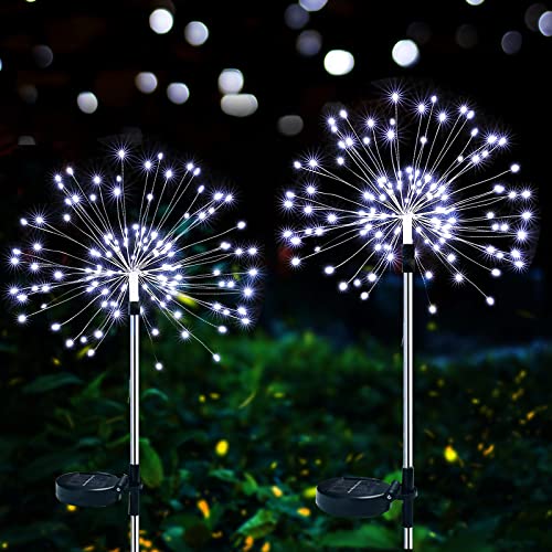 ZVO Solarlampe für Außen Garten, 2 Stück 120 LED Solar Feuerwerk Licht Garten Deko, Solarleuchten Gartenstecker Pusteblume Gartenleuchten Wasserdichte für Rasen Balkon Terrasse Deko (Weiß) von ZVO