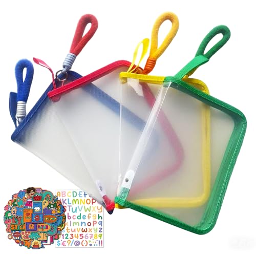 ZVRSUA 4 Stücke Dokumentenmappe A5，Dokumententasche reissverschluss mit 4 bunte tragbare Seile, 2 Sätze Aufkleber，Mit Reißverschluss，A5 Zipp Aktenmappen PVC Druckverschlussbeutel Mesh Dokumententa von ZVRSUA