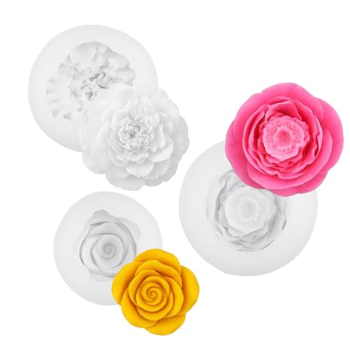ZWLIYCHN Blume Silikonform 3pcs 3D Rose Pfingstrose Silikon Fondant Form Blüte Rose Form Harz Kerze Form für Kuchen Dekoration Schokolade handgemachte Seife Süßigkeiten machen Lehm Lotion Bar Wachs von ZWLIYCHN