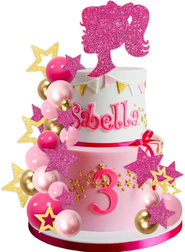 ZWLIYCHN Tortenaufsätze für Mädchen, 36 Stück, glänzende rosa Sternkugel-Kuchendekoration, Hot Pink, Prinzessinnenmotiv, Cupcake-Topper für Hochzeit, Babyparty, Geburtstag, Mädchen-Partyzubehör von ZWLIYCHN