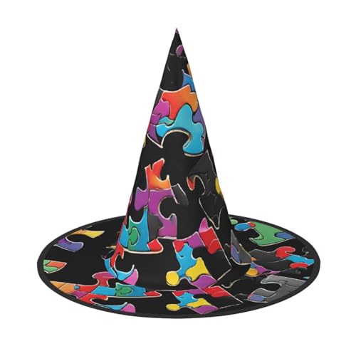 ZWLPNZZD (Autismus-Bewusstseins-Puzzleteile, Herz) bedruckter, faltbarer Halloween-Hut, Urlaub, Kostüm, Kappe, Cosplay, Party, Hexenhüte, 3 Stück von ZWLPNZZD