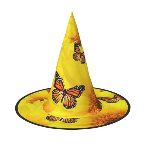 ZWLPNZZD (Gelbe Blumen und Schmetterlinge) bedruckter faltbarer Halloween-Hut, Urlaub, Kostüm, Kappe, Cosplay, Party, Hexenhüte, 2 Stück von ZWLPNZZD