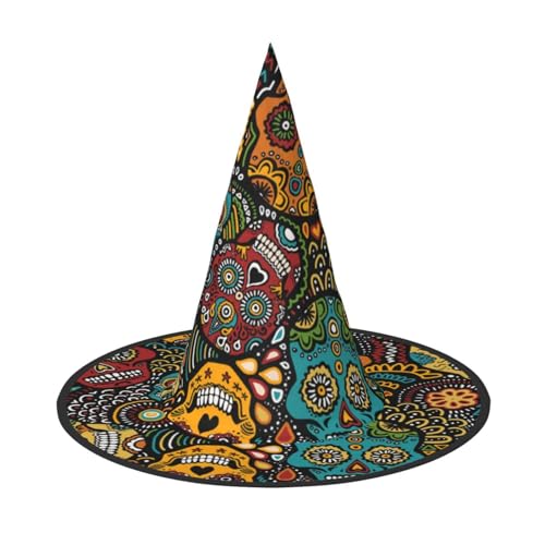 ZWLPNZZD (Sugar Skulls Print) Bedruckter faltbarer Halloween-Hut Urlaub Kostüm Kappe Cosplay Party Hexenhüte 1 von ZWLPNZZD