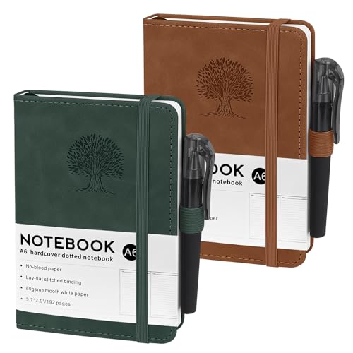 Notizbuch A6, 2 Stück Notizbücher A6, 80 GSM Papier, 14.5x9.9cm, 192 Seiten Notizblock Blanko mit Gummizug, Taschen Notizbücher aus PU Leder für Schule, Arbeit und Meetings (Braun & Grün) von ZWQLZG