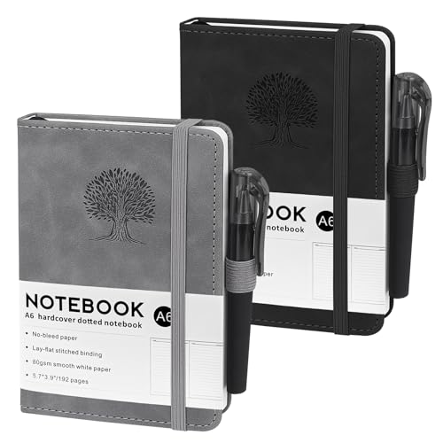 Notizbuch A6, 2 Stück Notizbücher A6, 80 GSM Papier, 14.5x9.9cm, 192 Seiten Notizblock Blanko mit Gummizug, Taschen Notizbücher aus PU Leder für Schule, Arbeit und Meetings (Schwarz & Grau) von ZWQLZG