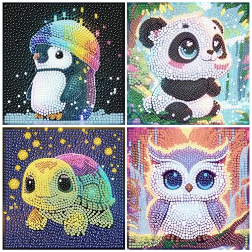 ZWQLZG 4 Stück 5D Diamond Painting Kinder, Diamant Bastelsets Einfach zu Benutzen, Diamant Painting Bilder Kinder 4 Süß Tiere, 4 Diamant-Leinwände, 4 Tabletts, 4 Diamant-Stifte, Rahmenlos 15x15 cm von ZWQLZG