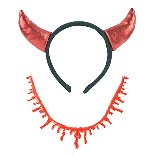 ZWTPGKRD Halloween-Horn-Stirnband und Blut-Halskette, tropfender blutiger Choker, Maskerade-Kopfschmuck für Vampir, Cosplay, Kostüm, Teufelshorn-Stirnband von ZWTPGKRD
