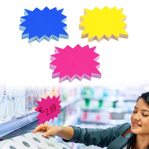 ZWWOGE 150 Stück Preisschilder,7 x 9cm Fluoreszierende Zeichen,Preisetiketten Schilder,Verkaufsschild,Starburst Zeichen Price Etikett,Für Supermärkten,Geschäft,Ladengeschäft Party (Gelb+Rosa+blau) von ZWWOGE