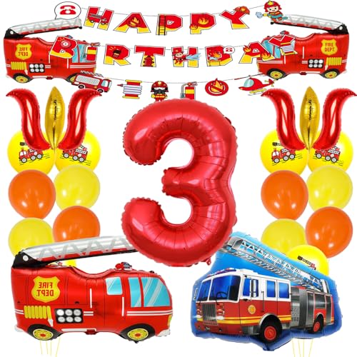 ZWWsullo Folienballon Luftballon deko 3 geburtstag junge Feuerwehrauto 3 Geburtstag Luftballon Happy Birthday Deko Feuerwehr Geburtstag Deko 3 Jahre Feuerwehrauto Folienballon von ZWWsullo