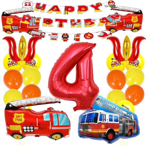 ZWWsullo Folienballon Luftballon deko 4 geburtstag junge Feuerwehrauto 4 Geburtstag Luftballon Happy Birthday Deko Feuerwehr Geburtstag Deko 4 Jahre Feuerwehrauto Folienballon von ZWWsullo