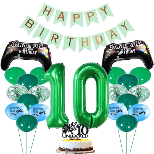 ZWWsullo Luftballon 10 Geburtstag Deko Grün Geburtstagsdeko Jungen 10 Jahre Game-Controller-Luftballons Happy Birthday-Banner Videospiel Luftballon 10 Geburtstag Gamer Deko Geburtstag von ZWWsullo
