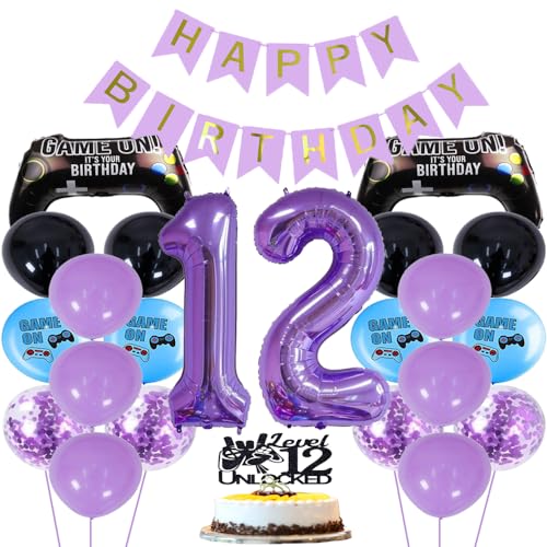 ZWWsullo Luftballon 12 Geburtstag Junge Gaming Controller Luftballons Videospiel Ballon Party Deko 12 Jahre Cake Topper (Schwarz & Lila) Dekoration von ZWWsullo