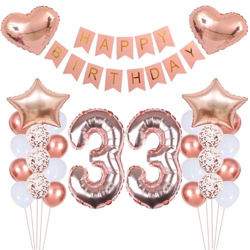 ZWWsullo Luftballon 33 Geburtstag Deko Happy Birthday Banner Riesen Folienballon Geburtstagsdeko Mädchen jahr Party Dekoration Rosegold Tortendeko Geburtstag 33 Jahre Mädchen Geburtstagsdeko von ZWWsullo