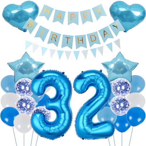 ZWWsullo Luftballon Geburtstagsdeko Jungen Blau Zahl 32 Geburtstag Mädchen Luftballon-Zahl Riesen Folienballon Geburtstagsdeko Junge Dekoration 32 jahre Geburtstag Junge Party Dekoration von ZWWsullo