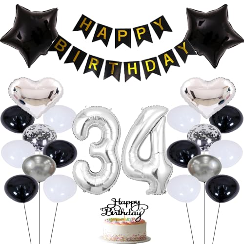 ZWWsullo Luftballons 34 Geburtstag Dekoration Mädchen silber Luftballon 34 Jahre Party Dekoration Ballons Junge Geburtstagsdeko Ballon Geburtstag Mädchen Junge Silber Jahre Party Deko von ZWWsullo