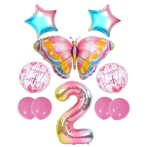ZWWsullo Schmetterlings Folienballon geburtstag schmetterling deko Geburtstagsdeko Schmetterling Deko 2 Jahre Set 2 geburtstag mädchen Schmetterling Ballon 2 Geburtstag Dekorationen von ZWWsullo