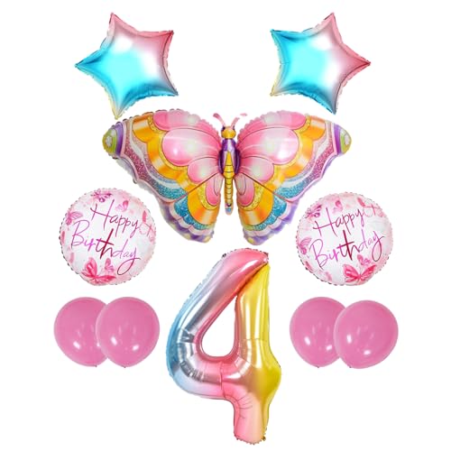 ZWWsullo Schmetterlings Folienballon geburtstag schmetterling deko Geburtstagsdeko Schmetterling Deko 4 Jahre Set 4 geburtstag mädchen Schmetterling Ballon 4 Geburtstag Dekorationen von ZWWsullo