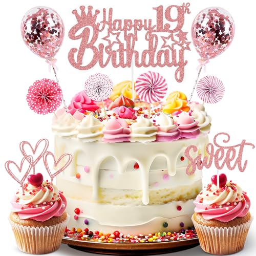 ZWWsullo Tortendeko Rosegold 19 Jahre Mädchen Jungen Happy 19th Birthday Cake Topper Glitzer Kuchen Topper Konfetti Luftballons 19 Geburtstagstorte Dekoration Geburtstag Kuchen Deko von ZWWsullo