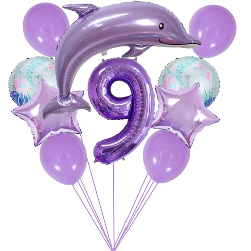 ZWWsullo Zahlen-Ballon 9 Lila Ozean Tiere Geburtstagsfeier Dekoration Luftballons 9 Geburtstag Dekorationen Meerestiere Geburtstag Deko Happy Birthday Luftballons Tiere Delfin Luftballon Set von ZWWsullo