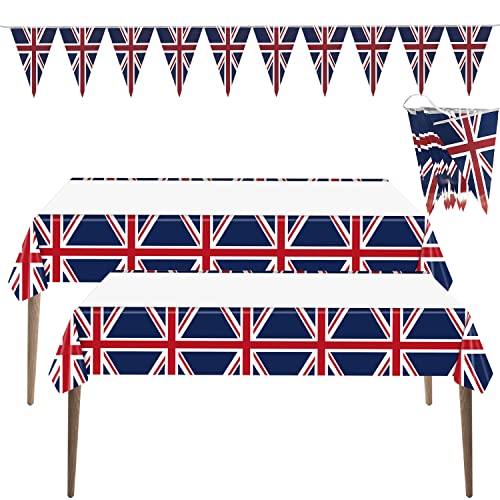 2 Stück rechteckige Tischdecken mit Union Jack-Motiv, wasserdicht und langlebig, Queen's Platinum Jubiläumsfeier, Party-Dekorationen, festlich, mit einem Union Jack Themen-Wimpelkette. von ZWZNBL