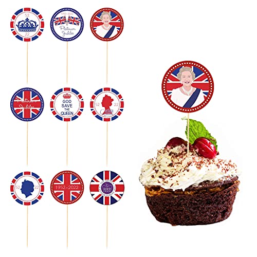 40 Stück British Jubilee Kucheneinsätze mit 12 runden Kuchenaufsätzen, 2022 Platinum Jubiläum Kuchenaufsätze, 70. Jahrestag Party Kuchenaufsätze, Queen Party Topper, Cupcake Toppers von ZWZNBL
