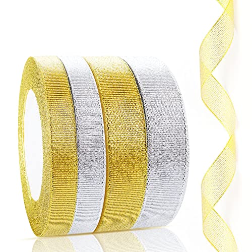 Geschenkband, 20 mm & 10 mm, 88 m, goldfarben, silberfarben, glitzernd, Organzaband, für Weihnachtsbaumverpackung, Geschenkbasteln, 4 x 22 m, 4 Stück von ZWZNBL