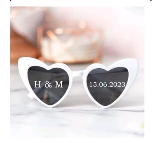 ZXH Personalisierte Hochzeits-Sonnenbrillen-Aufkleber, herzförmiger Rahmen, weiß, Retro-Stil, Vinyl-Aufkleber, perfekt für Junggesellinnenabschied oder Hochzeitsfotos von Mcties